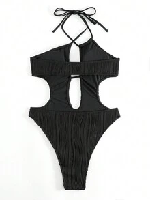 Swim SXY 鏤空十字交叉後背繫帶吊脖連體泳衣 - 黑色 - 查看 2