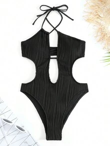 Swim SXY 鏤空十字交叉後背繫帶吊脖連體泳衣 - 黑色 - 查看 4