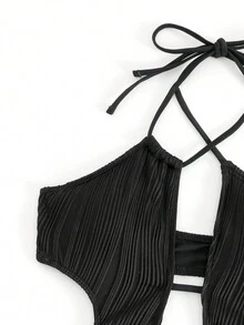 Swim SXY 鏤空十字交叉後背繫帶吊脖連體泳衣 - 黑色 - 查看 5