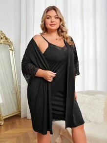 大碼蕾絲拼接吊帶睡裙和睡袍 - 黑色 - 查看 3