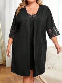 大碼蕾絲拼接吊帶睡裙和睡袍 - 黑色 - 查看 5