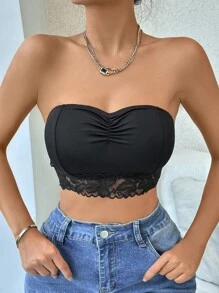Ruched Bust Lace Trim Tube Bralet - Black - View 1