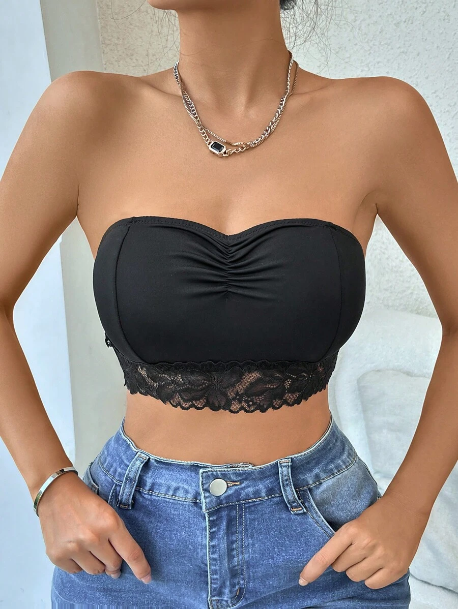Ruched Bust Lace Trim Tube Bralet - Black - View 1