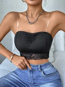 Ruched Bust Lace Trim Tube Bralet - Black - View 3