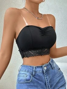 Ruched Bust Lace Trim Tube Bralet - Black - View 4