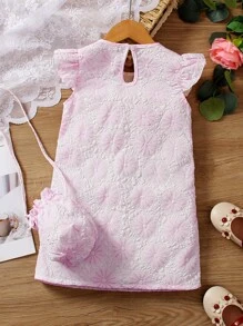 SHEIN Young Girls Jacquard Bow Front Ruffle Trim Dress - Pink - View 2