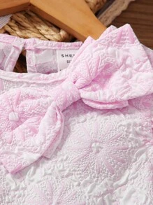 SHEIN Young Girls Jacquard Bow Front Ruffle Trim Dress - Pink - View 3