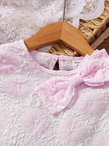 SHEIN Young Girls Jacquard Bow Front Ruffle Trim Dress - Pink - View 5