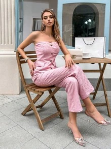 SHEIN Privé Bộ đồ hai mảnh nữ Nút phía trước màu trơn Thanh lịch - Hồng - Xem 1
