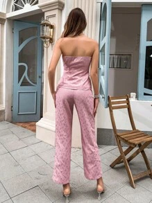 SHEIN Privé Bộ đồ hai mảnh nữ Nút phía trước màu trơn Thanh lịch - Hồng - Xem 2