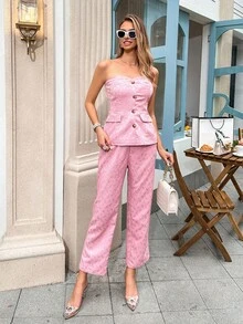 SHEIN Privé Bộ đồ hai mảnh nữ Nút phía trước màu trơn Thanh lịch - Hồng - Xem 4