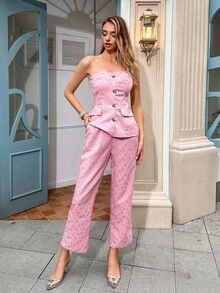SHEIN Privé Bộ đồ hai mảnh nữ Nút phía trước màu trơn Thanh lịch - Hồng - Xem 6