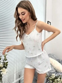 Floral Print Cami Top & Shorts PJ Set - White - View 5