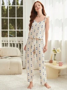 心形印花荷叶边睡衣套装/节日睡衣套装