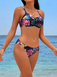 SHEIN Swim Summer Beach Tropical Print Ruched Bikini Set - Black - View 1