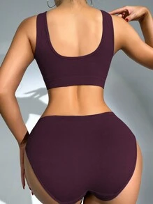 SHEIN Solid Seamless Bra & Panty Lingerie Set - Burgundy - View 2