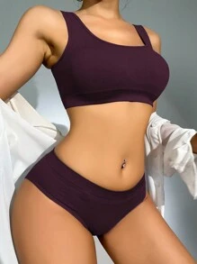 SHEIN Solid Seamless Bra & Panty Lingerie Set - Burgundy - View 4