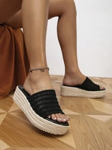 Ladies' Black Vacation Style Weaved Wedge Heel Platform Slippers - Black - View 1