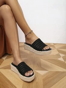 Ladies' Black Vacation Style Weaved Wedge Heel Platform Slippers - Black - View 5
