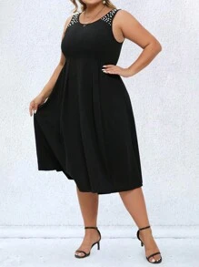 SHEIN Clasi Plus Pearls Beaded Fold Pleated Detail Dress - Black - View 1