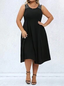 SHEIN Clasi Plus Pearls Beaded Fold Pleated Detail Dress - Black - View 3