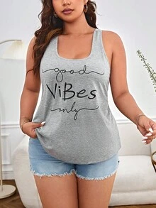 SHEIN Essnce 大碼字母圖案背心上衣 - 灰色 - 查看 6