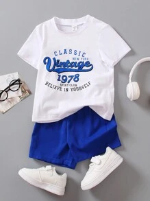 SHEIN Streecool Kids 2pcs/Set Young Boys Casual Letter Print Round Neck Short Sleeve T-Shirt And Loose Shorts Set, Slogan Print, Color Block Design, Suitable For Spring/Autumn, Sports, Casual, Daily Wear, Travel, School And Outdoor Activities - Blue and White - View 1