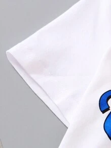 SHEIN Streecool Kids 2pcs/Set Young Boys Casual Letter Print Round Neck Short Sleeve T-Shirt And Loose Shorts Set, Slogan Print, Color Block Design, Suitable For Spring/Autumn, Sports, Casual, Daily Wear, Travel, School And Outdoor Activities - Blue and White - View 4