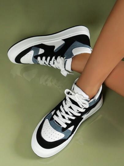 Women Lace Up Color Block Sneakers, Sporty Outdoor Skate Shoes
