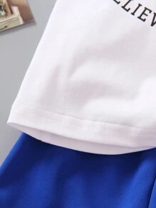 SHEIN Streecool Kids 2pcs/Set Young Boys Casual Letter Print Round Neck Short Sleeve T-Shirt And Loose Shorts Set, Slogan Print, Color Block Design, Suitable For Spring/Autumn, Sports, Casual, Daily Wear, Travel, School And Outdoor Activities - Blue and White - View 5