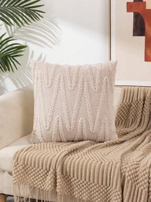 1pc Plush Embossed Pillowcase (No Pillow) Simple Square Pillow Cover For Living Room Bedroom, All Seasons - Beige - View 3