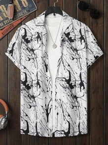 Men Allover Print Button Front Shirt - Black and White - View 1