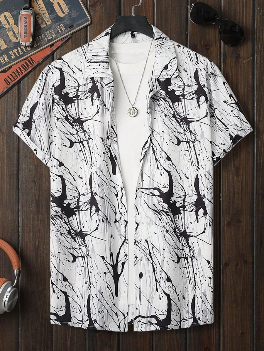 Men Allover Print Button Front Shirt - Black and White - View 1