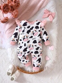 Baby Girl Cow Print Ruffle Trim Jumpsuit & Headband - Multicolor - View 1