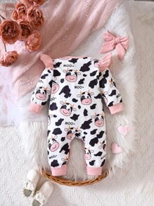 Baby Girl Cow Print Ruffle Trim Jumpsuit & Headband - Multicolor - View 2