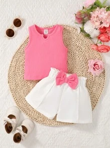 SHEIN Playful Pals Baby Girl Notched Neck Tank Top & Paperbag Waist Bow Front Shorts