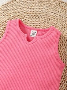 SHEIN Playful Pals Baby Girl Notched Neck Tank Top & Paperbag Waist Bow Front Shorts