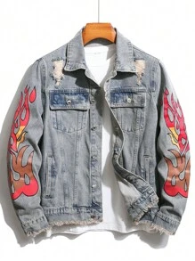 Manfinity 男士火圖案破洞抽鬚牛仔夾克不帶T恤 - 淺色水洗藍 - 查看 1