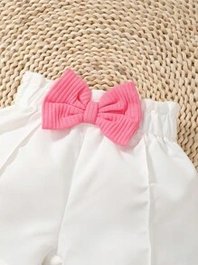 SHEIN Playful Pals Baby Girl Notched Neck Tank Top & Paperbag Waist Bow Front Shorts