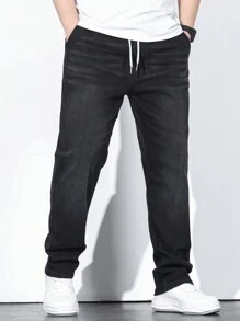 Manfinity Homme 男士棉腰部抽繩斜口袋牛仔褲 - 黑色 - 查看 1