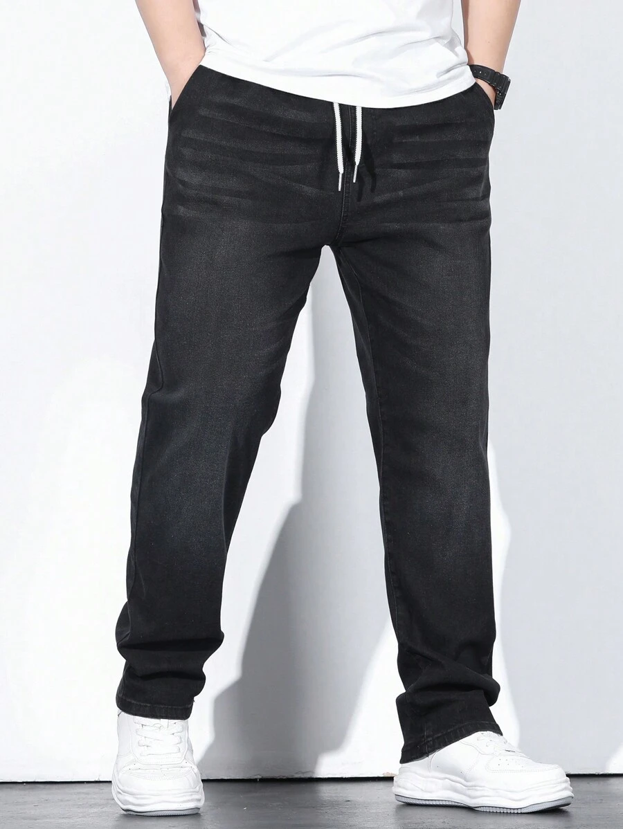 Manfinity Homme 男士棉腰部抽繩斜口袋牛仔褲 - 黑色 - 查看 1