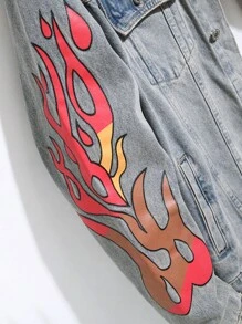 Manfinity 男士火圖案破洞抽鬚牛仔夾克不帶T恤 - 淺色水洗藍 - 查看 5