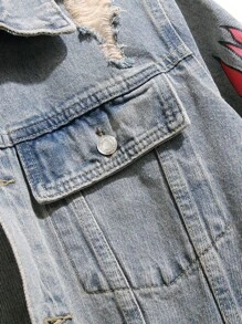 Manfinity 男士火圖案破洞抽鬚牛仔夾克不帶T恤 - 淺色水洗藍 - 查看 6