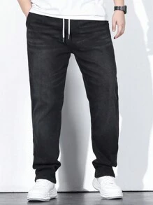 Manfinity Homme 男士棉腰部抽繩斜口袋牛仔褲 - 黑色 - 查看 4