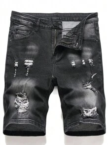 Manfinity Men Ripped Frayed Bleach Wash Denim Shorts - Black - View 1