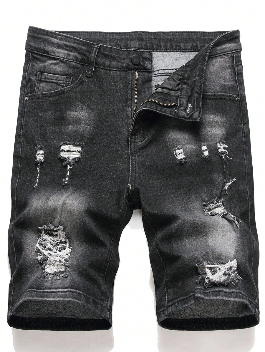 Manfinity Men Ripped Frayed Bleach Wash Denim Shorts - Black - View 1