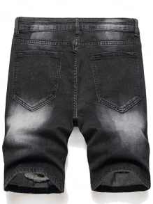 Manfinity Men Ripped Frayed Bleach Wash Denim Shorts - Black - View 2