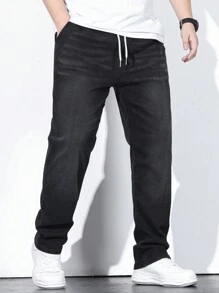 Manfinity Homme 男士棉腰部抽繩斜口袋牛仔褲 - 黑色 - 查看 8