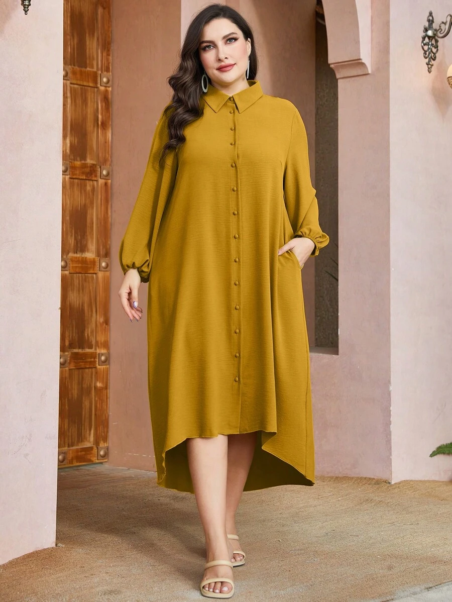 Mulvari 大碼燈籠袖高低下擺襯衫洋裝 - 黃色 - 查看 1