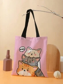 Cartoon Lovely Cat Pattern Double-sided Print Canvas Shoulder Bag - Multicolor - View 1